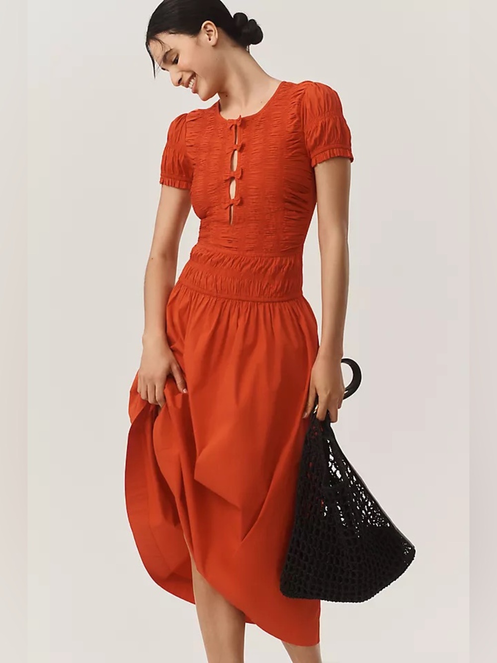 Damson Madder Smocked Drop Waist Stretch Organic Cotton Midi Dress 10